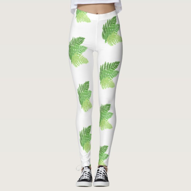 Elegant green watercolor ferns woodland leaves leggings (Front)
