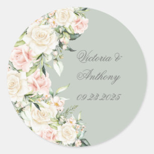 Elegant Green Watercolor Floral Script Wedding  Classic Round Sticker