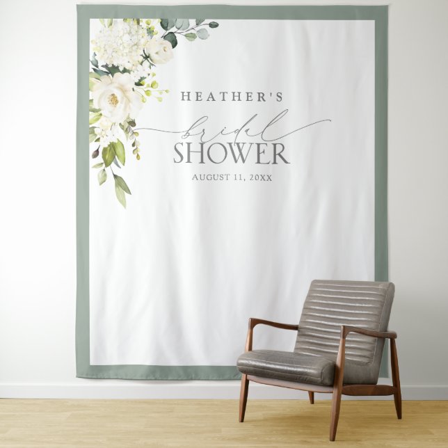 Elegant Green Watercolor Floral Shower Photo Booth Tapestry (In Situ)