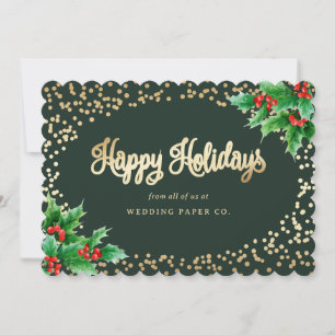 Elegant Green Watercolor Holly Berries Business Holiday Card