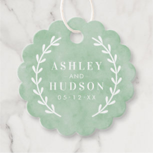 Elegant Green Watercolor Laurel Monogram Wedding Favour Tags