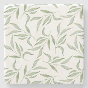 Elegant Green Watercolor Leaves Botanical Pattern Stone Coaster