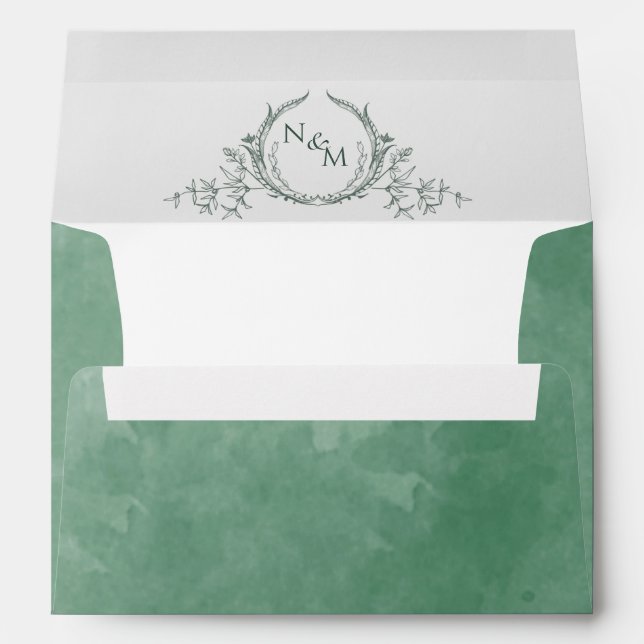 Elegant Green Watercolor Monogram Wedding Envelope (Back (Bottom))