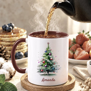 Elegant green watercolor pine tree Christmas Two-Tone Coffee Mug