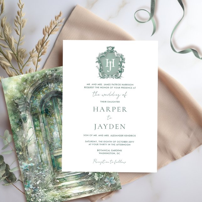 Elegant Green Watercolor Timeless Monogram Wedding Invitation (Creator Uploaded)