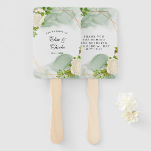 Elegant Green Watercolor White Roses Wedding Hand Fan