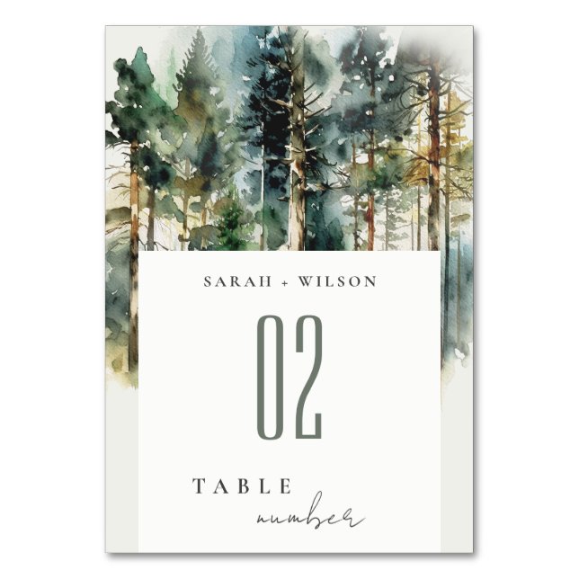 Elegant Green Watercolor Woodland Forest Wedding Table Number (Front)