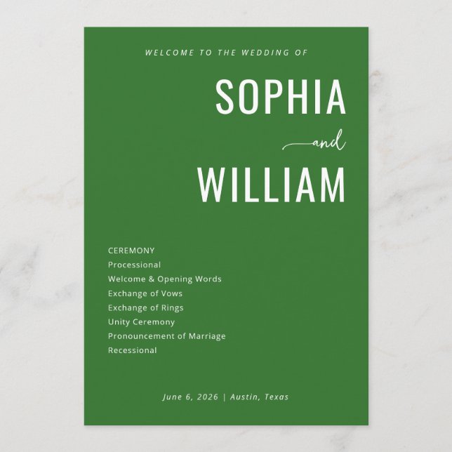 Elegant Green Wedding Ceremony Programme (Front)