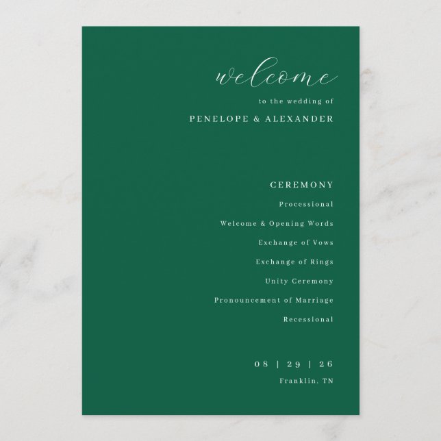 Elegant Green Wedding Ceremony Schedule Programme (Front)