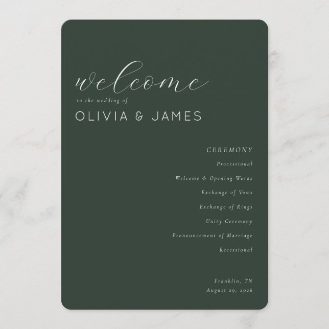 Elegant Green Wedding Ceremony Schedule Programme (Front)