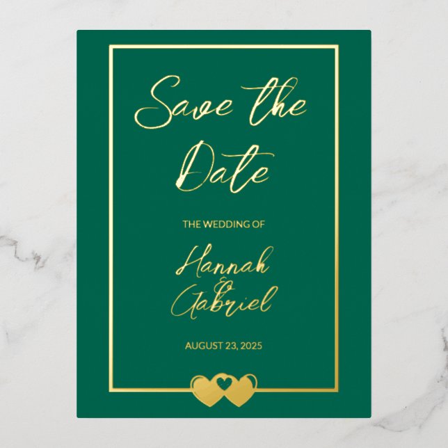 Elegant Green Wedding Save the Date Foil Postcard (Front)