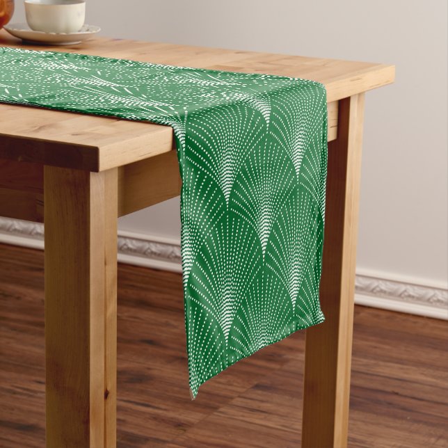 Elegant  Green & White Art-Deco Pattern Short Table Runner (In Situ)