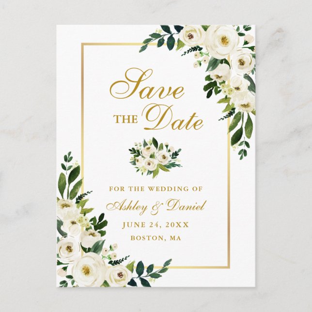 Elegant Green White Floral Gold Save the Date Announcement Postcard (Front)