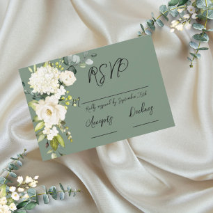 Elegant Green White Floral RSVP Card