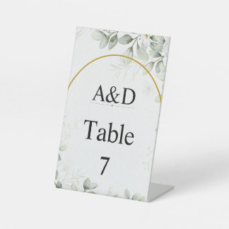 Elegant Green & White Floral Table Number Pedestal Sign