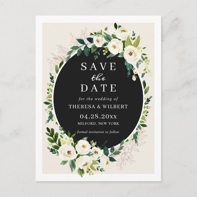 Elegant Green White Flowers Wedding Save the Date Postcard (Front)