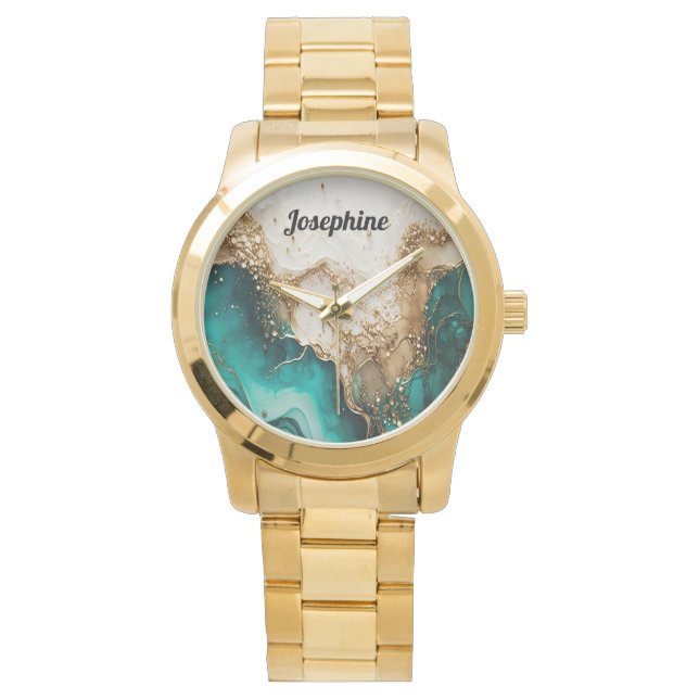 Elegant Green White Glitter Stylish Personalise Watch (Front)