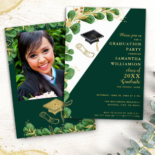 Elegant Green White Gold Class of 2025 Graduation Invitation