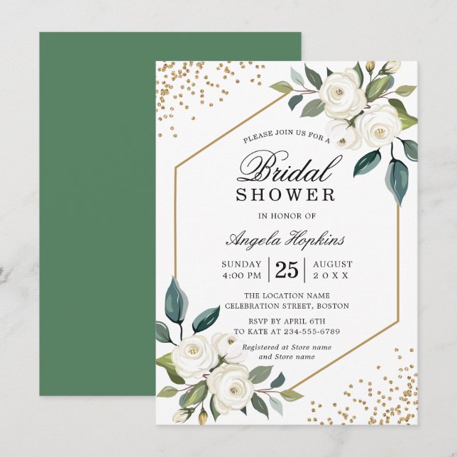 Elegant Green White Gold Floral Bridal Shower Invitation (Front/Back)
