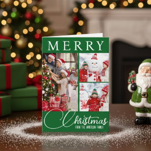 Elegant Green & White Merry Christmas Three Photo Holiday Card