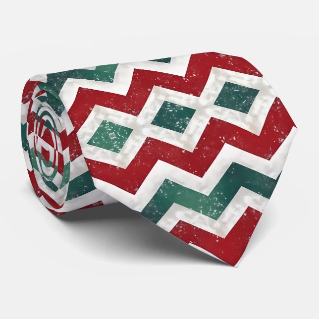Elegant Green White Red Chevron Pattern Tie (Rolled)