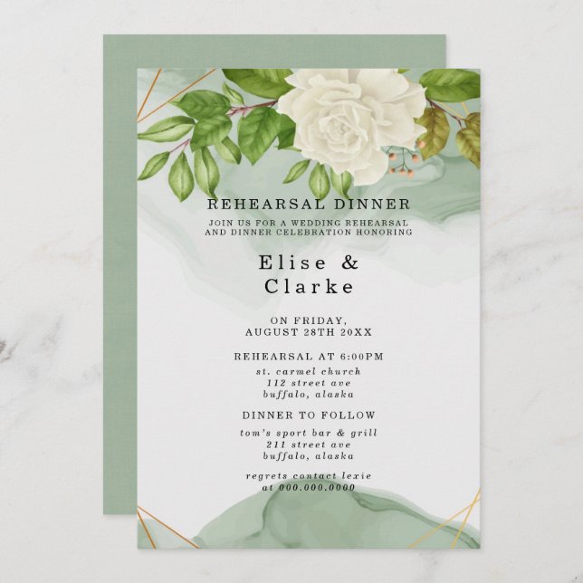 Elegant Green White Roses Rustic Rehearsal Dinner Invitation (Front/Back)