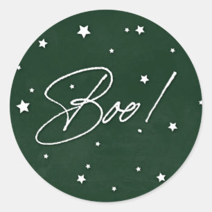 Elegant Green+White Scattered Stars Boo! Halloween Classic Round Sticker