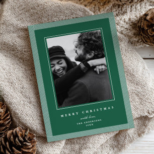Elegant Green White Stripe Frame Photo Holiday Card