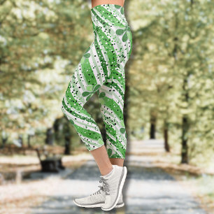 Elegant Green White Stripes Shamrock Glitter Capri Leggings