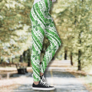 Elegant Green White Stripes Shamrock Glitter Leggings
