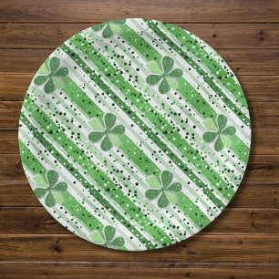 Elegant Green White Stripes Shamrock Glitter Paper Plate