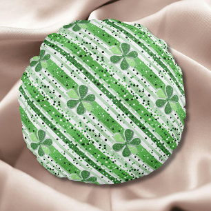 Elegant Green White Stripes Shamrock Glitter Round Cushion
