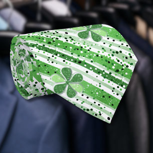 Elegant Green White Stripes Shamrock Glitter Tie