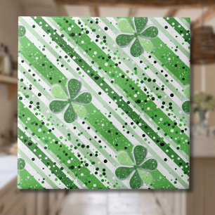 Elegant Green White Stripes Shamrock Glitter Tile