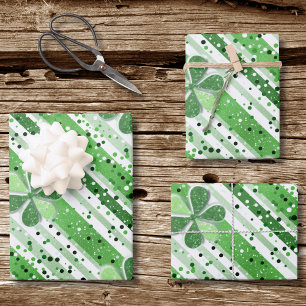 Elegant Green White Stripes Shamrock Glitter Wrapping Paper Sheet