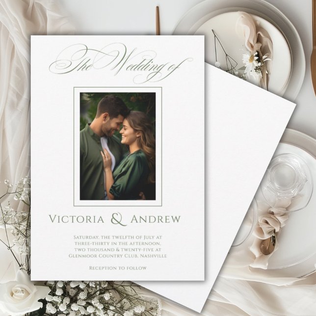 Elegant Green & White Wedding Invitation & Photo (Creator Uploaded)