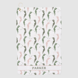 Elegant Green White Woman Golfer Monogrammed Golf Towel