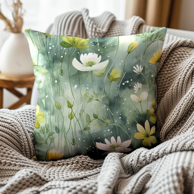 Elegant Green White Yellow Floral Botanical  Cushion (Yellow and white flowers on emerald and muted green decorator pillow)