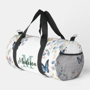elegant Green Wildflower Boho Monogram In Bloom Duffle Bag