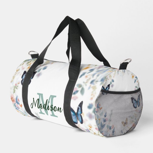 elegant Green Wildflower Boho Monogram In Bloom Duffle Bag (Right Corner)