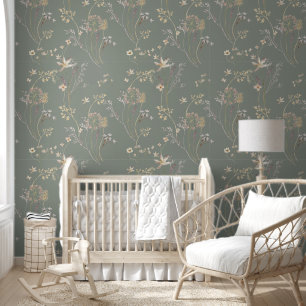Elegant Green Wildflowers Floral Watercolor Wallpaper