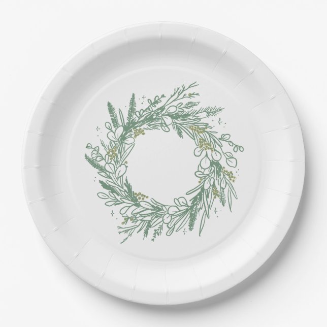 Elegant Green Winter Botanical Wreath Paper Plate (Front)