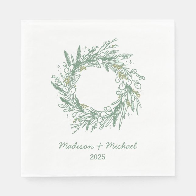 Elegant Green Winter Botanical Wreath Wedding Napkin (Front)