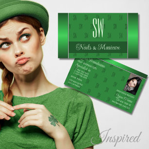 Elegant Green with Photo and Chic Monogram Pattern Business Card
