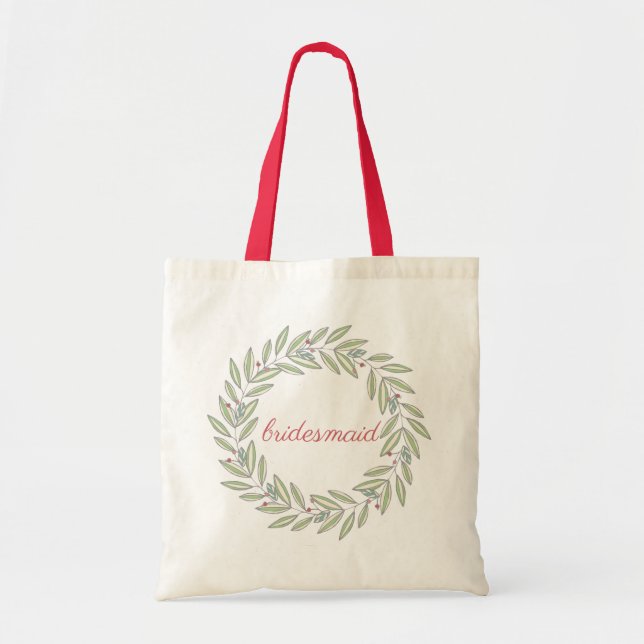 Elegant green wreath berry burgundy bridesmaid tote bag (Front)
