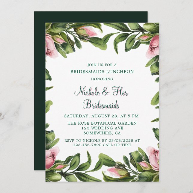 Elegant Green Wreath Pink Bud Bridesmaids Luncheon Invitation (Front/Back)