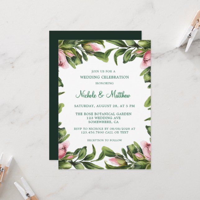 Elegant Green Wreath Pink Bud Wedding Celebration  Invitation (Front/Back In Situ)