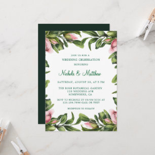 Elegant Green Wreath Pink Bud Wedding Celebration Invitation
