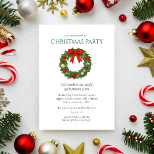 Elegant Green Wreath with Red Bow Christmas Party Invitation
