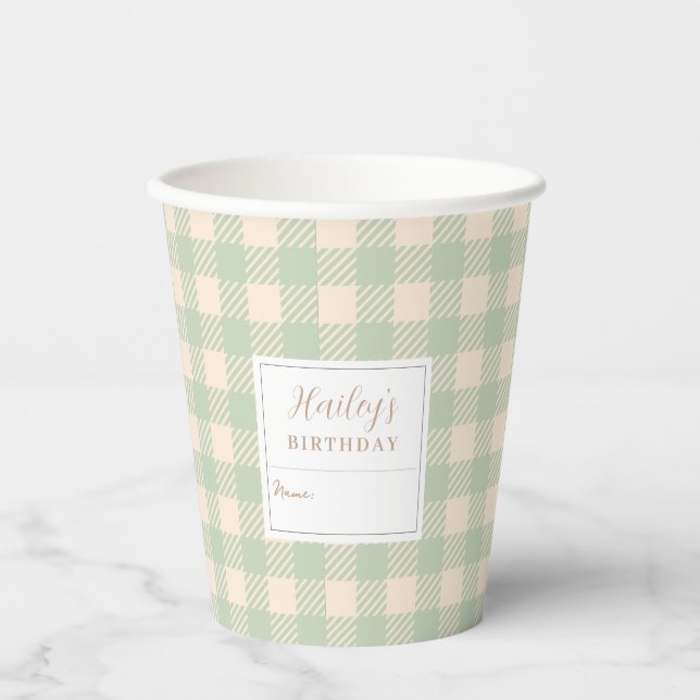 Elegant green yellow preppy gingham plaid checked paper cups (Front)